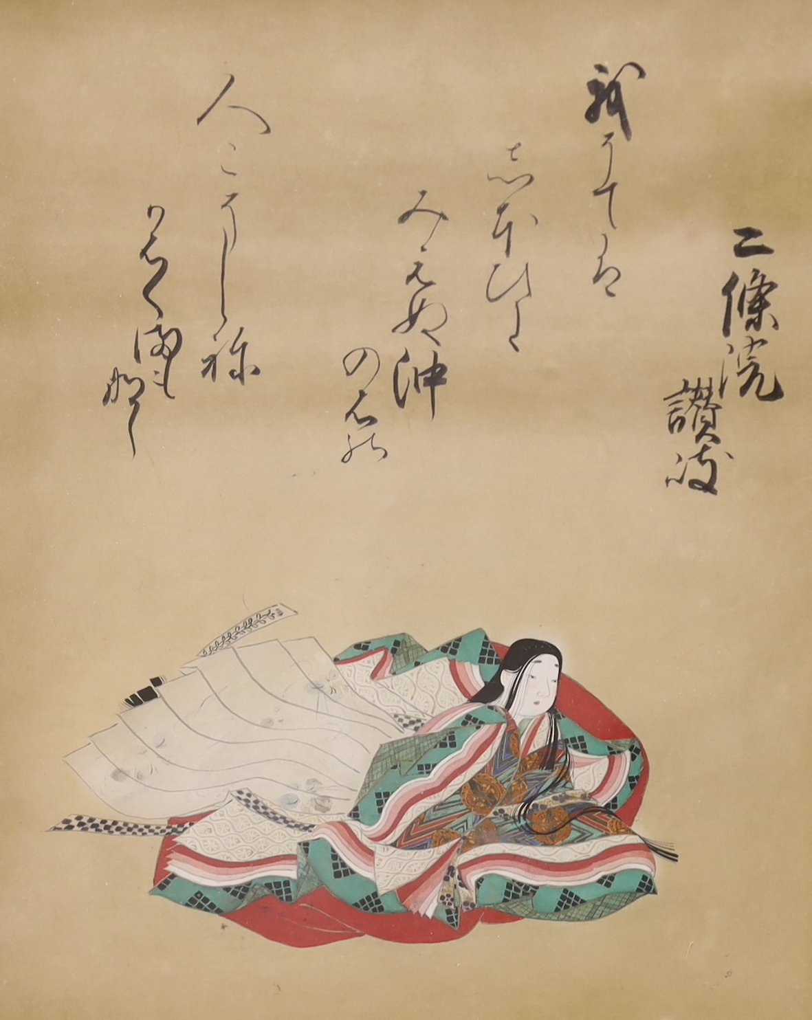 Attributed to Sumiyoshi Gukei (1631-1705), pen, ink and gouache, Album leaf from a set of the Hundred Poets No.92, 'Even at Low Tide', 25 x 19cm